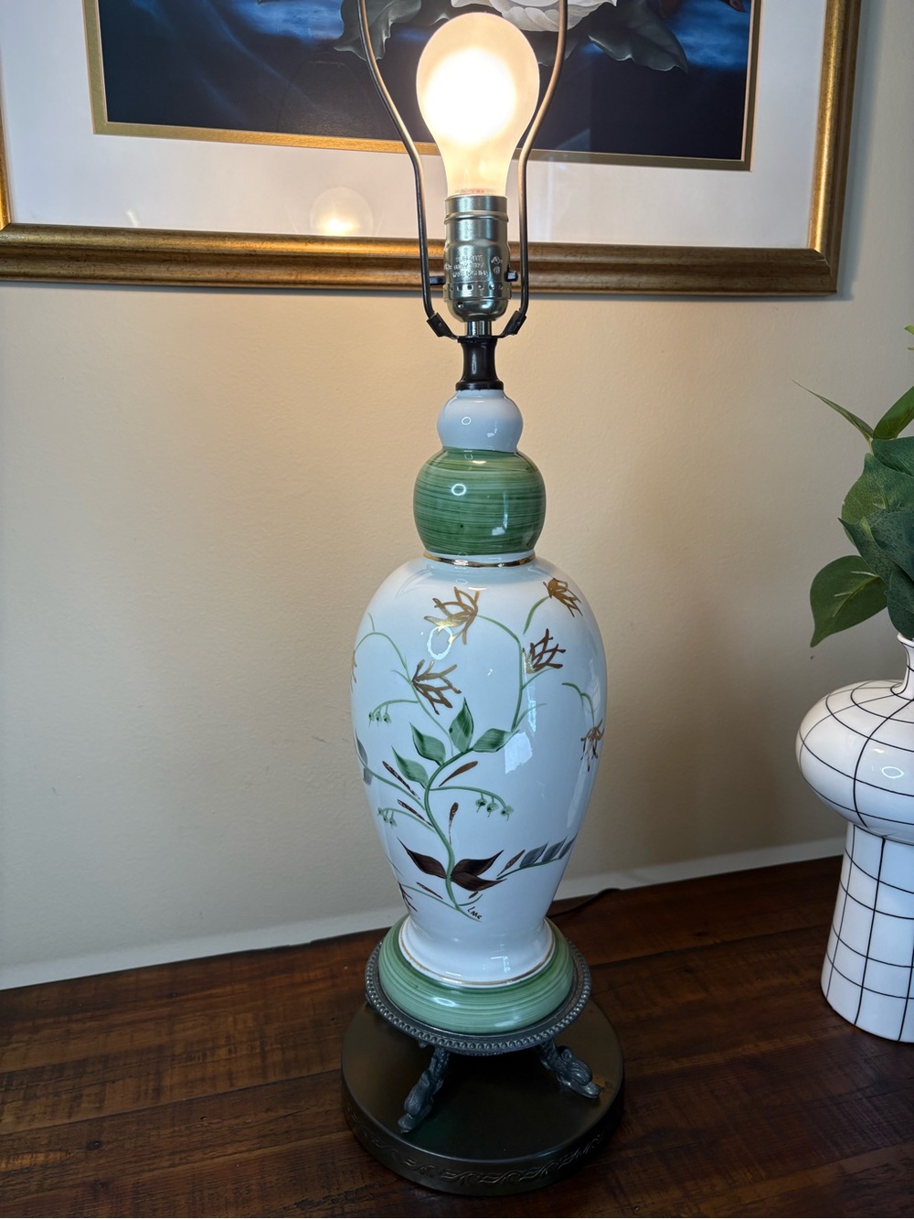 Vintage Hand-Painted Floral Ceramic Lamp Dolphin/ Fish -Head Claw Feet - Picture 9 of 11